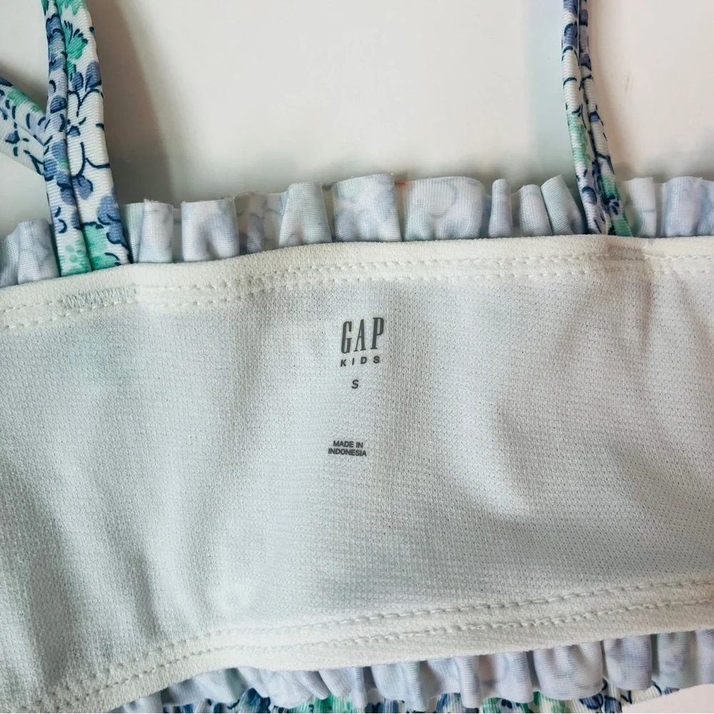 Gap Kids Microfloral Blue and Green Smocked high Waisted Swimsuit
